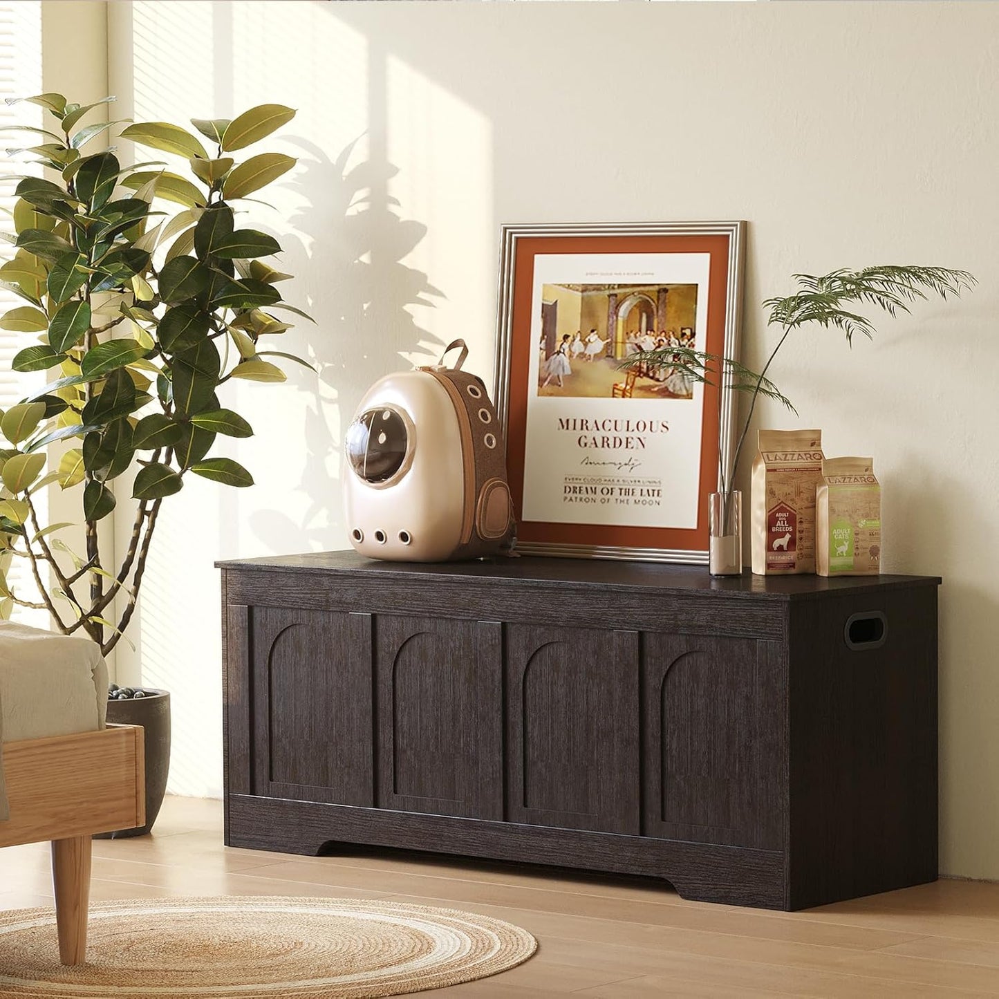 DINZI LVJ Storage Chest, 47.2”Wooden Storage Box with 2 Safety Hinges, Entryway Shoe Bench with Flip-Top, Large Trunk for Living Room, Bedroom, Easy Assembly, Espresso