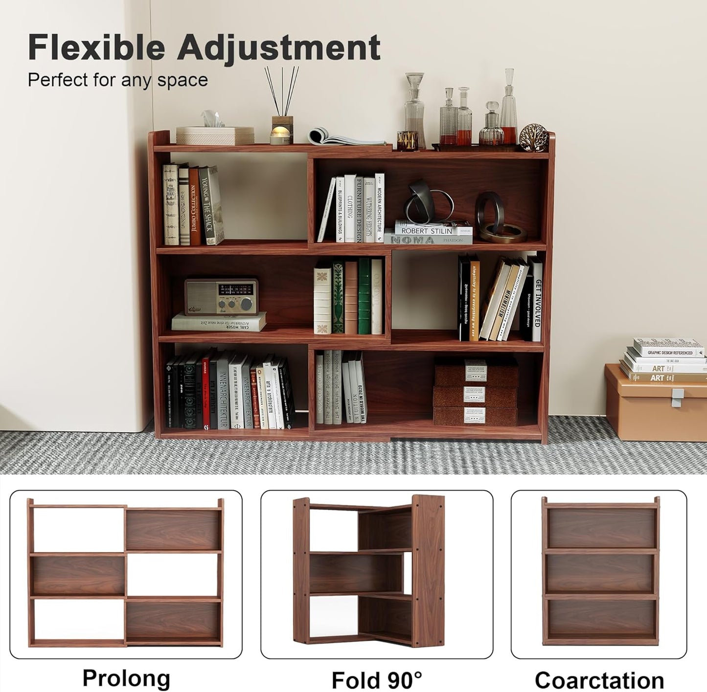 Open Shelf Low Bookcase,Wooden 4-Tier Floor Standing Expandable 25-47 inch Wide Bookcase,with Side Panels Frame for Home and Office (Walnut)