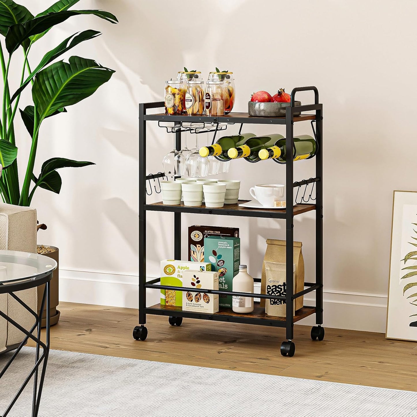 Home Bar Serving Cart, Serving Cart with Wheels and Handle, 3 Tier Rolling Kitchen Cart, Microwave Cart, Beverage Cart with Wine Holder and Glass Holders, for Dinning Room, Living Room, Black