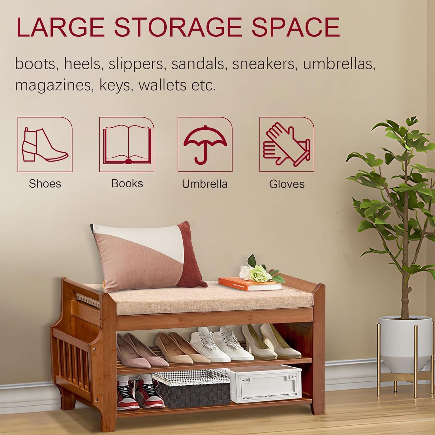 Shoe Storage Bench for Entryway, Bamboo Entryway Bench with Hidden Drawer and Side Brackets,2-Tier Shoe Rack Organizer for Entryway, Hallway,Bedroom and Bathroom