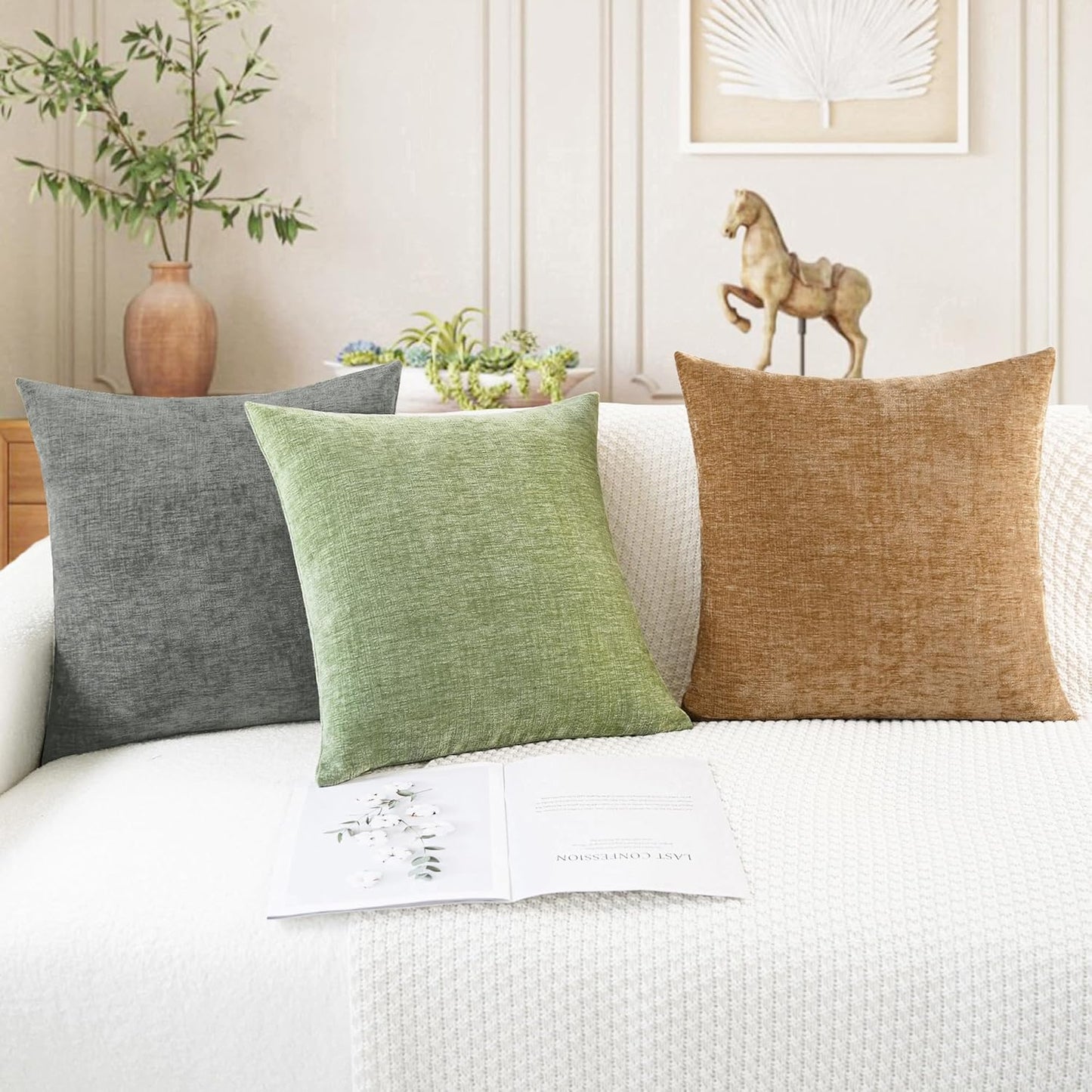 CaliTime Throw Pillow Covers Decorative 16 X 16 Inches Pack of 2 Cozy Chenille Cushion Case for Couch Sofa Bed Living Room Home Sage Green