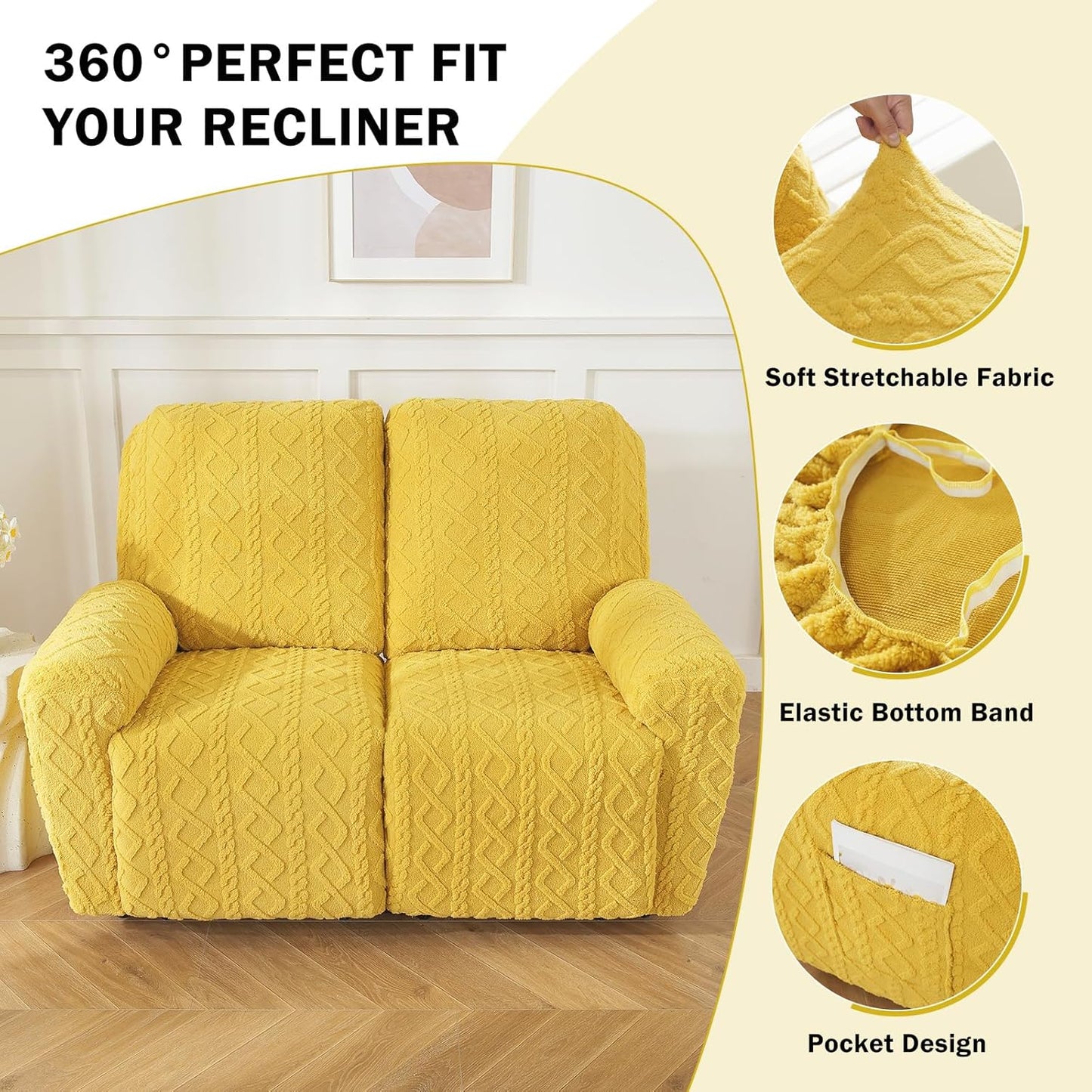 vctops 6 Pieces Geometric Jacquard Plush Recliner Loveseat Slipcovers Soft Fuzzy Fluffy Sofa Couch Cover Anti-Slip Furniture Protector with Elastic Bottom for Kids Cats Dogs(Yellow,2 Seat)