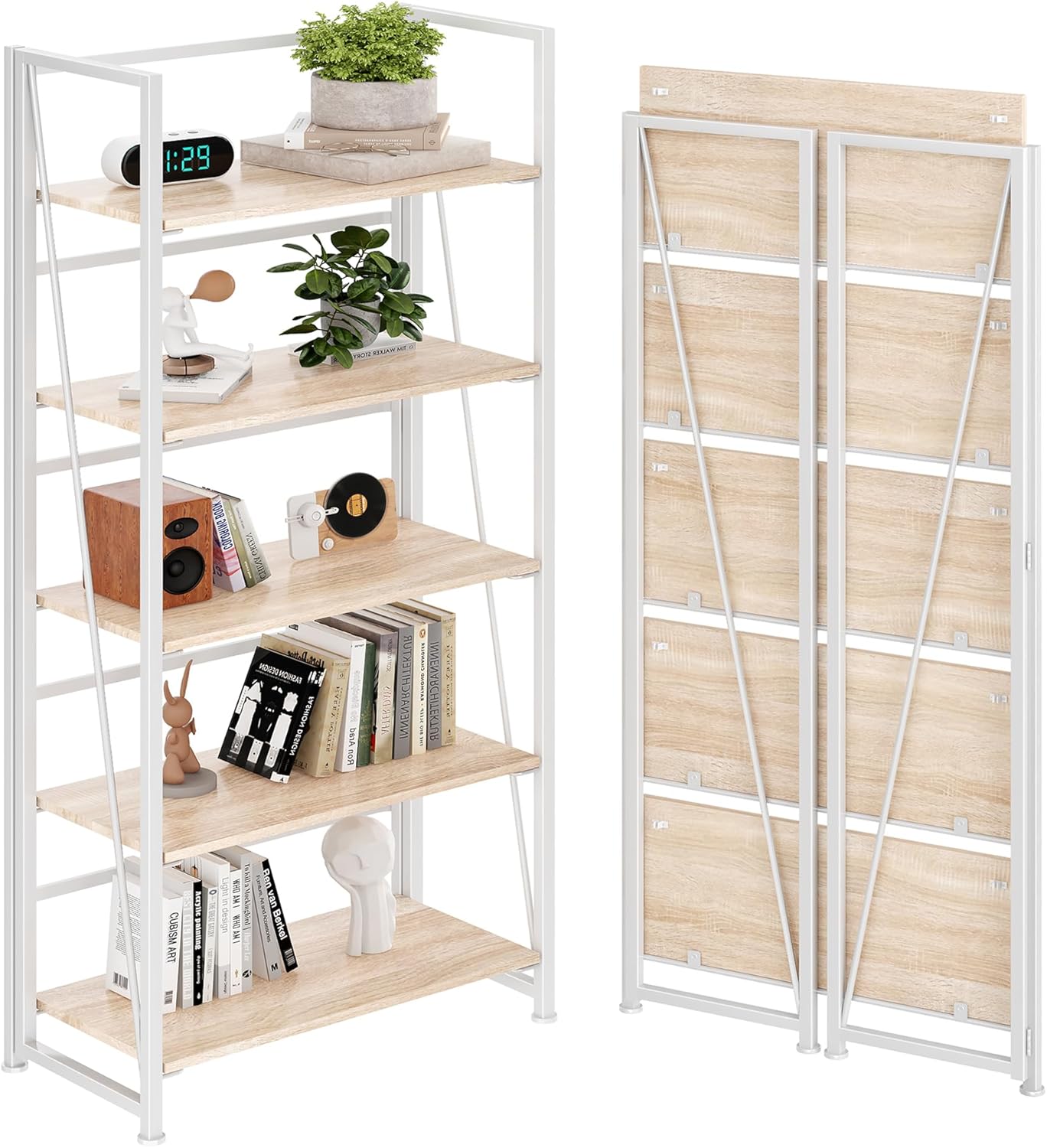 BHG Vintage Multifunctional Folding Bookshelf, No-Assembly Plant Stand Storage Rack Shelves for Home Office (White, 5-Tier)