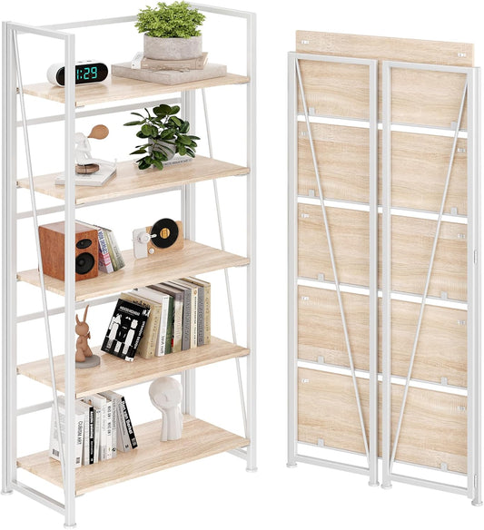 BHG Vintage Multifunctional Folding Bookshelf, No-Assembly Plant Stand Storage Rack Shelves for Home Office (White, 5-Tier)