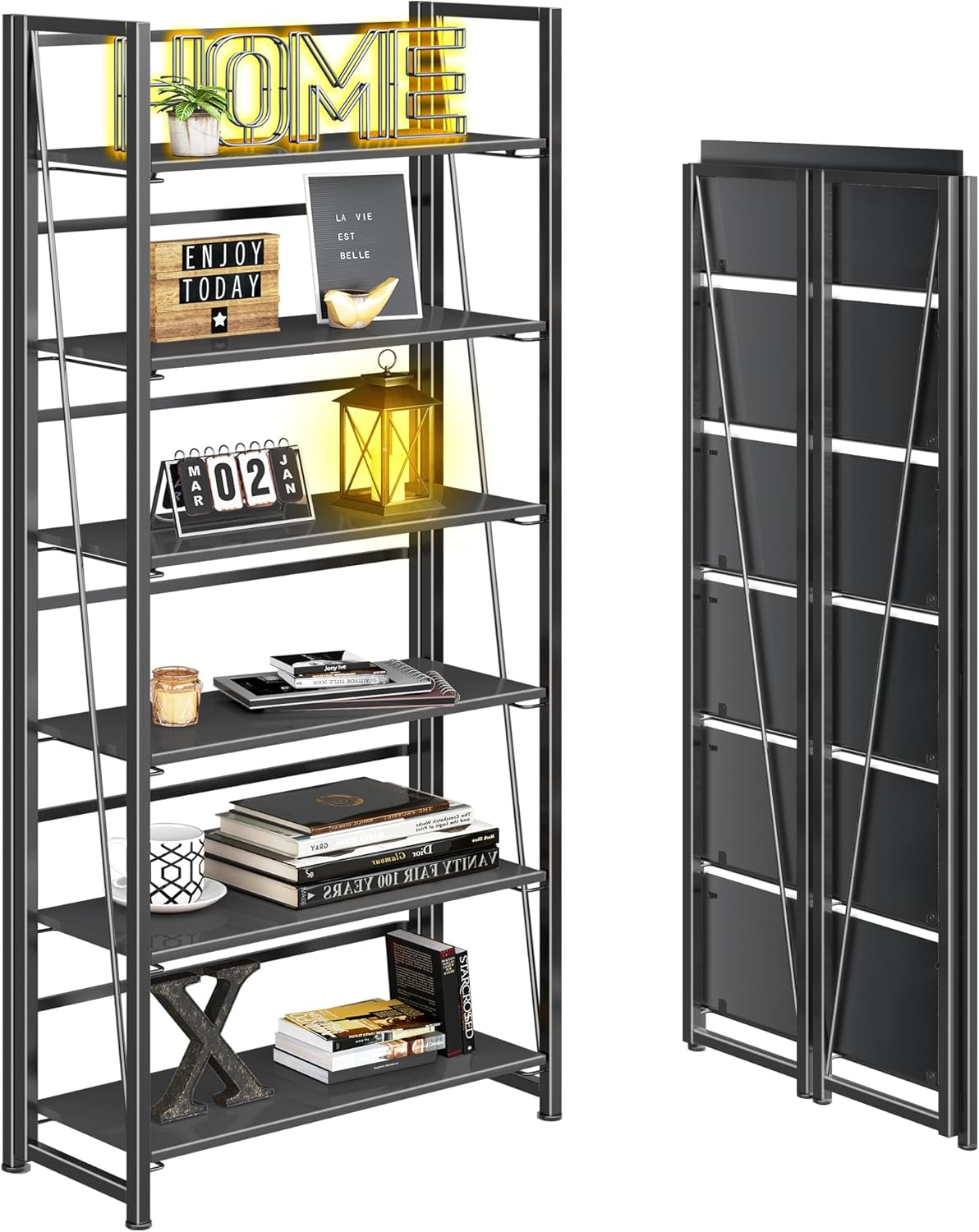 4NM No Assembly Folding Bookshelf, 6-Shelf 74" H Collapsible Foldable Bookcase Storage for Small Spaces, All Black