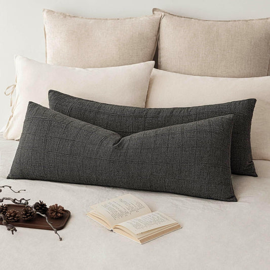 Foindtower Set of 2 Decorative Linen Check Throw Pillow Covers Neutral Long Body Lumbar Cushion Covers Farmhouse Vintage Home Decor For Sofa Chair Couch Bedroom Living Room Outdoor,14×36 Inch,Charcoal