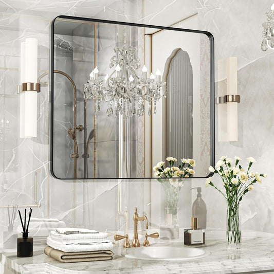 28×32 Black Bathroom Mirror, Rectangular Bathroom Vanity Mirror for Wall with Rounded Corners & Aluminum Alloy Frame, Tempered-Glass, Modern, Farmhouse, Horizontal/Vertical, Entryway, Bedroom