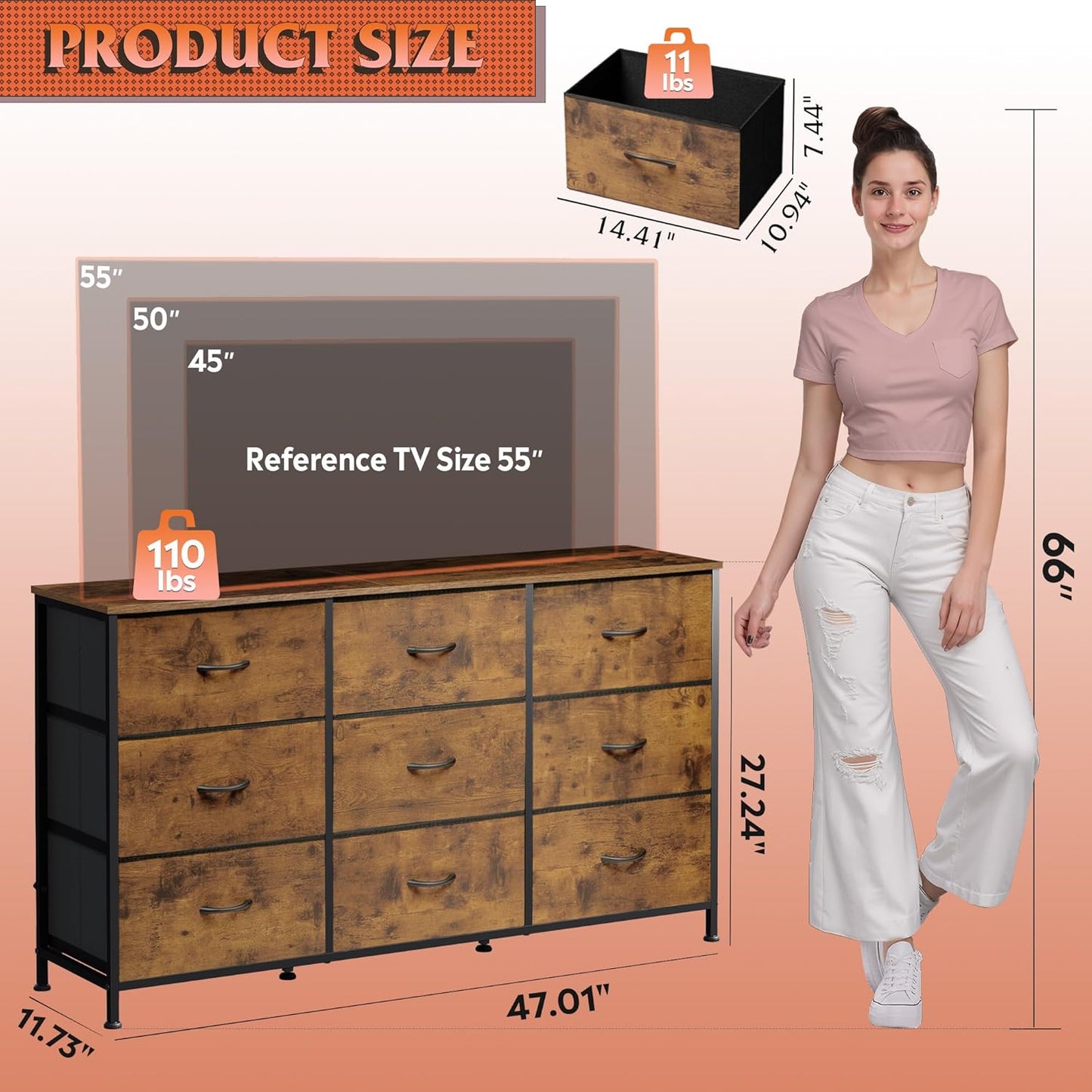 WLIVE 47''W Dresser for Bedroom, Dresser TV Stand for 45, 50, 55 inch TV, Wide Chest of Drawers with 9 Drawer, Large Entertainment Center, Fabric Dressers with Wood Top for Living Room, Rustic Brown