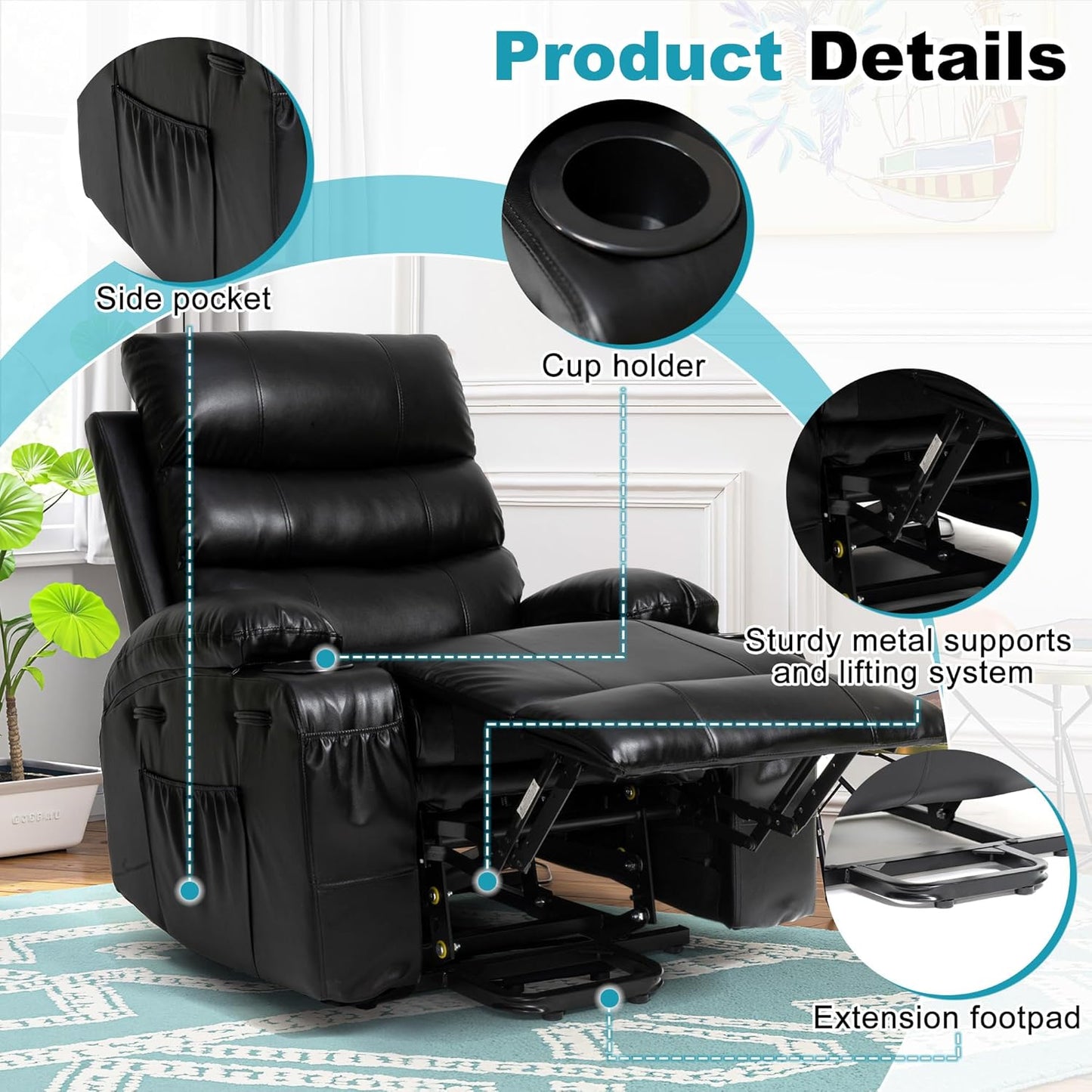 Recliner Chair Power Lift Massage Chair Full Body 21" Large Size Electric Recliner with 8 Point Vibration Massage and Lumber Heat, Remote Control, Side Pockets and Cup Holders, Black