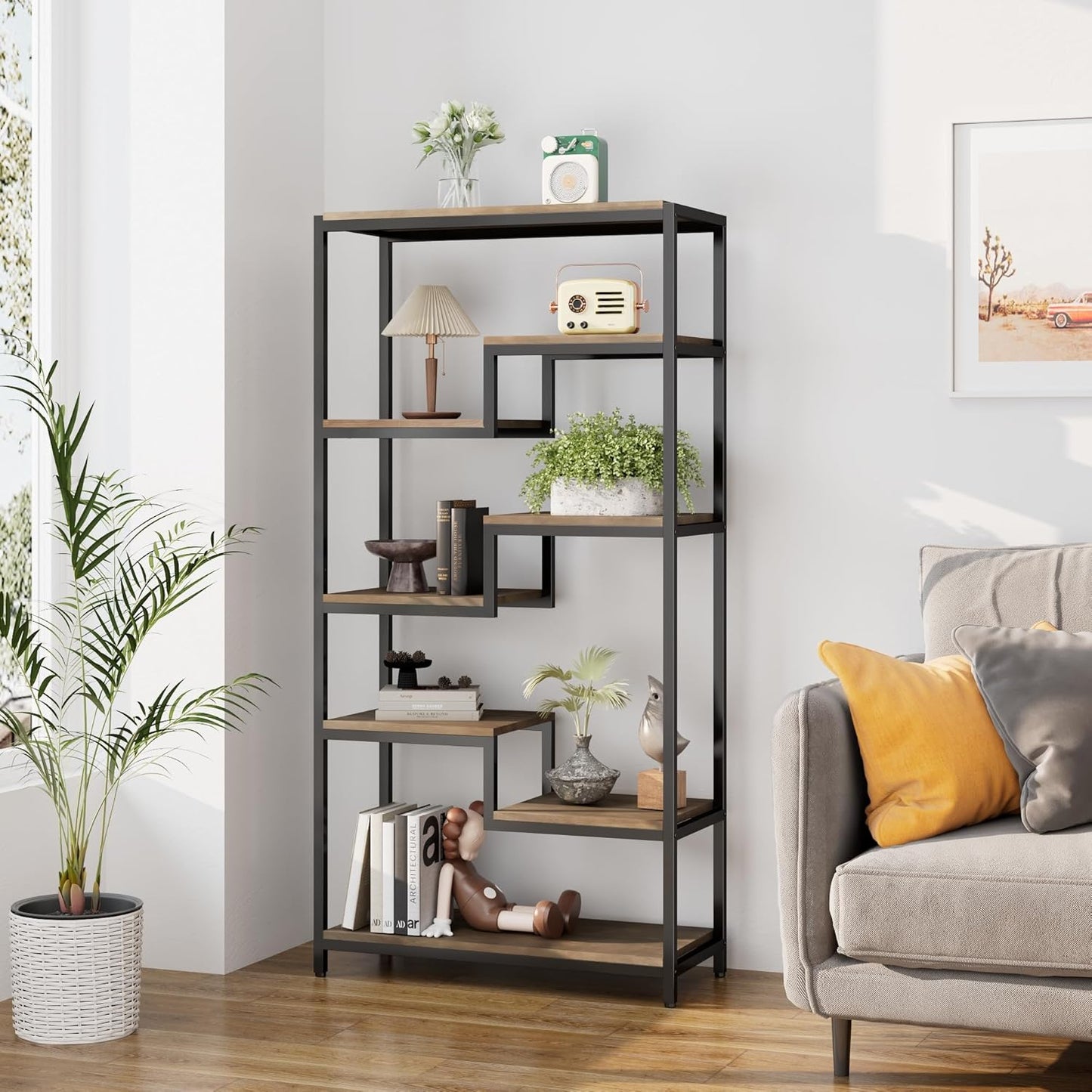 Solid Wood Industrial Tall Bookshelf - 7 Tier Staggered Bookshelves, 55’’H Rustic Brown Vintage Bookcase, Free Standing Open Bookshelf, Shelving Units Organizer for Bedroom Office Living Room.