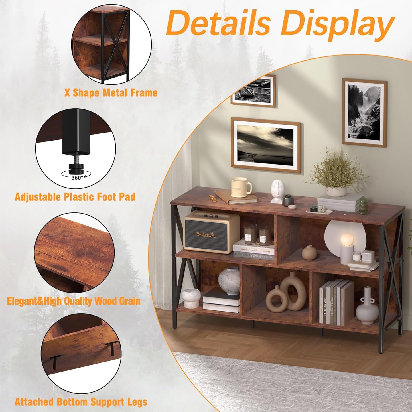 5 Cube Storage Organizer Shelf,Industrial Horizontal Bookshelf,Short Wide Cubby Bookcase,Low Large Book Shelf Metal Storage Organizer Open Shelf for Bedroom Living Room,Home,Office,47 in(Brown,5 Cube)