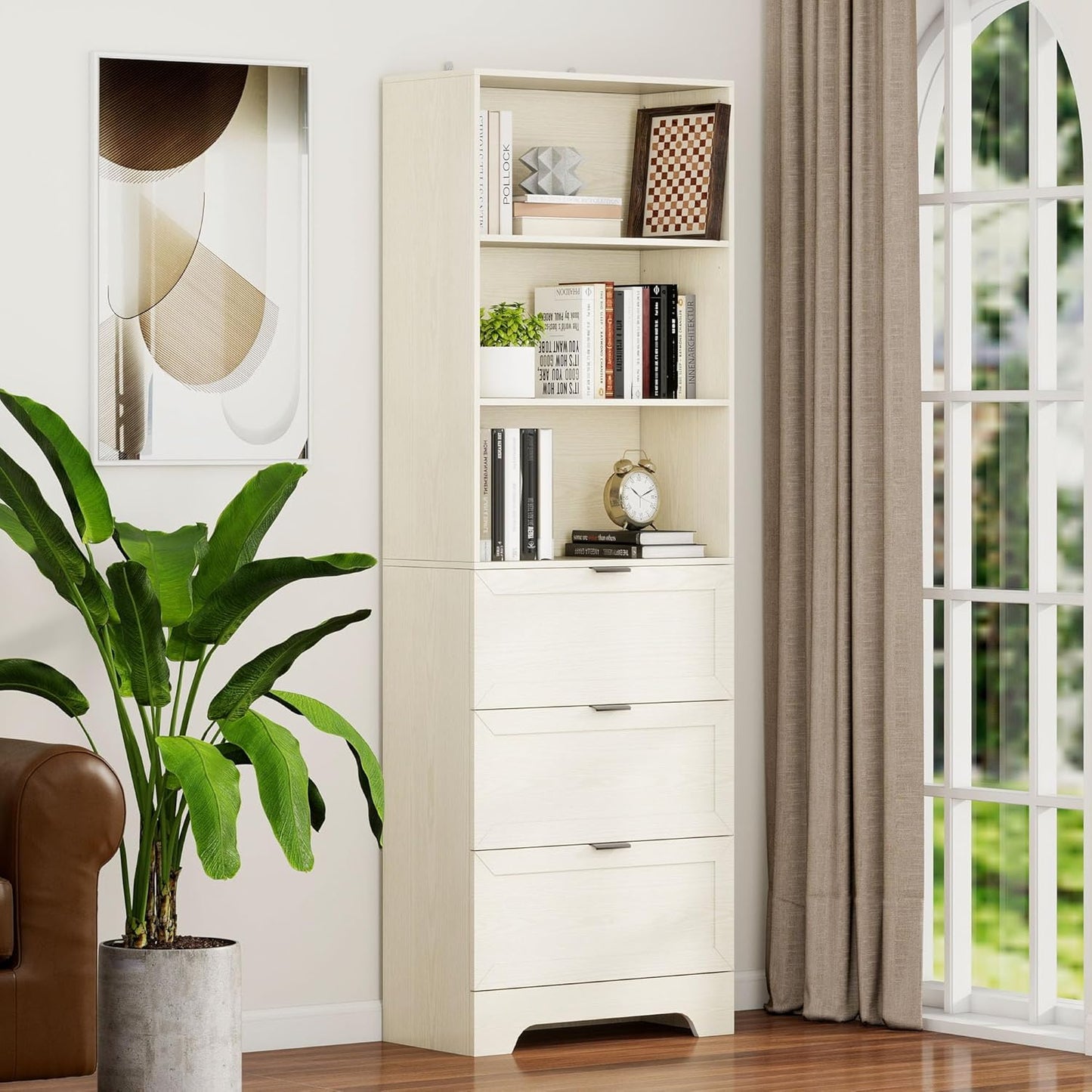 6 Tier Book Shelf with Drawers,White Farmhouse Display Bookshelf with Organizers and Storage,Free Standing Tall Bookshelf with Cabinet for Bedroom,Living Room, Office