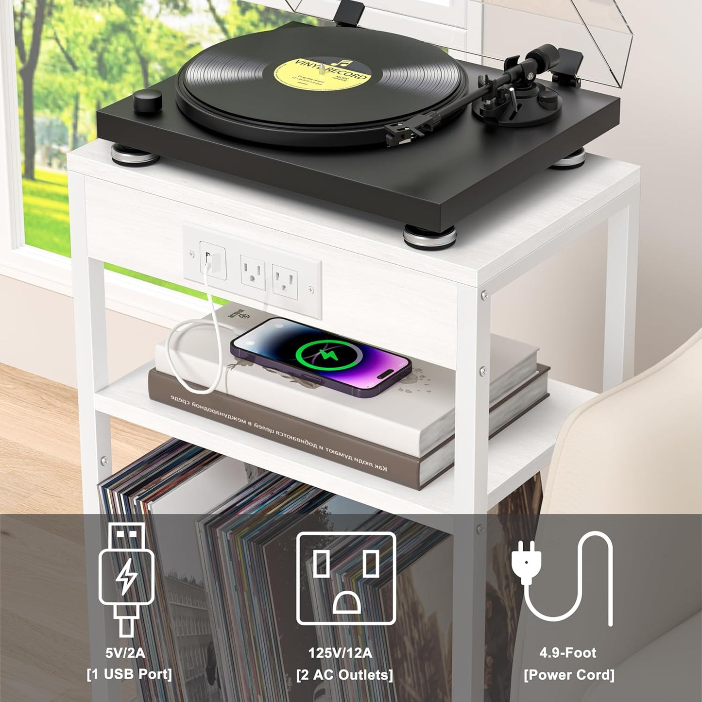 LELELINKY 3 Tier End Table with Charging Station, White Record Player Stand with Storage Up to 100 Albums Brown, Night Stand with USB Port, Nightstand for Small Spaces