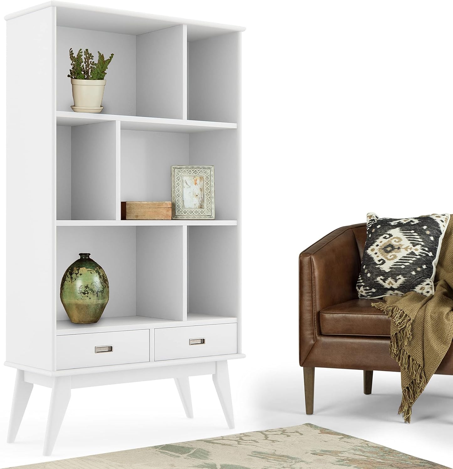 SIMPLIHOME Draper Bookcase - 64 inch Tall Solid Hardwood Wide Storage Bookshelf in White, Mid-Century Modern Storage for Living Room, Study Room or Office with Adjustable Shelves and Tapered Legs