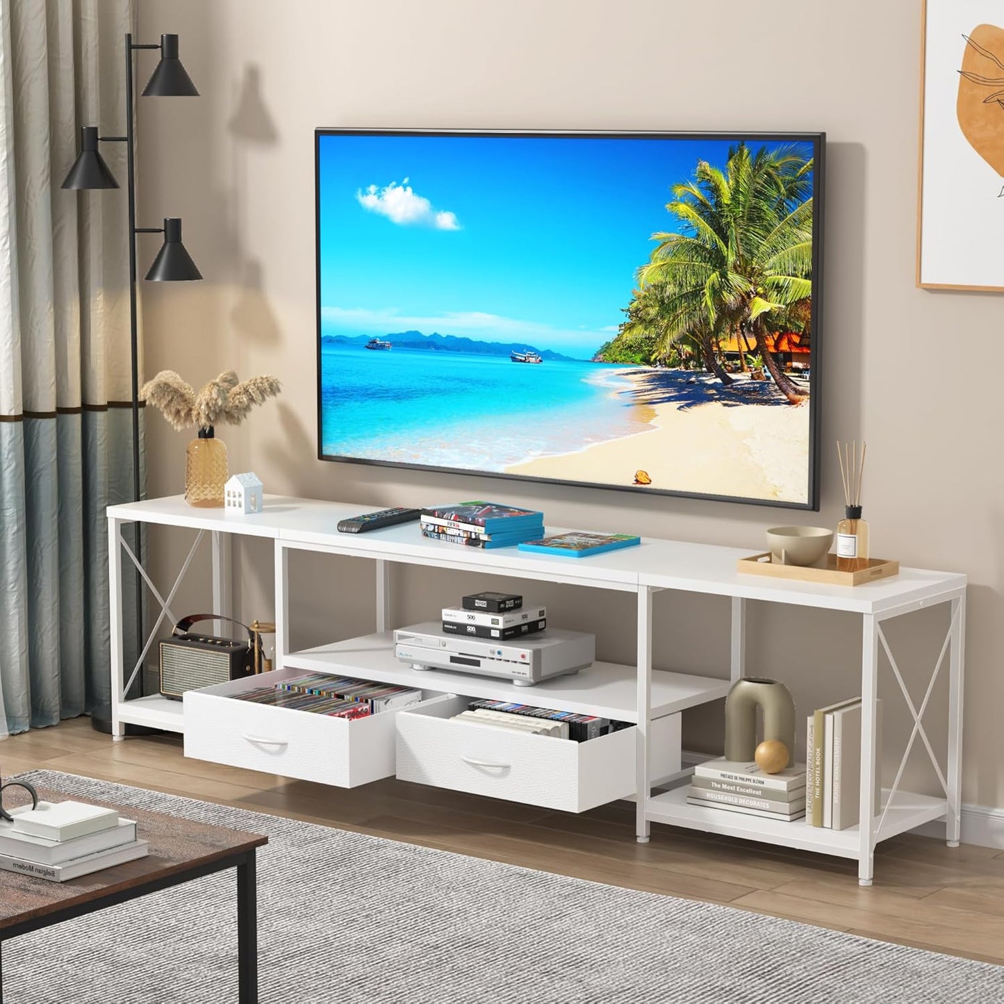 TV Stand with Fabric Drawer for 65 70 75 Inches TV - Entertainment Center and Industrial TV Console Table with Open Storage Shelves for Living Room, Bedroom - 63" White