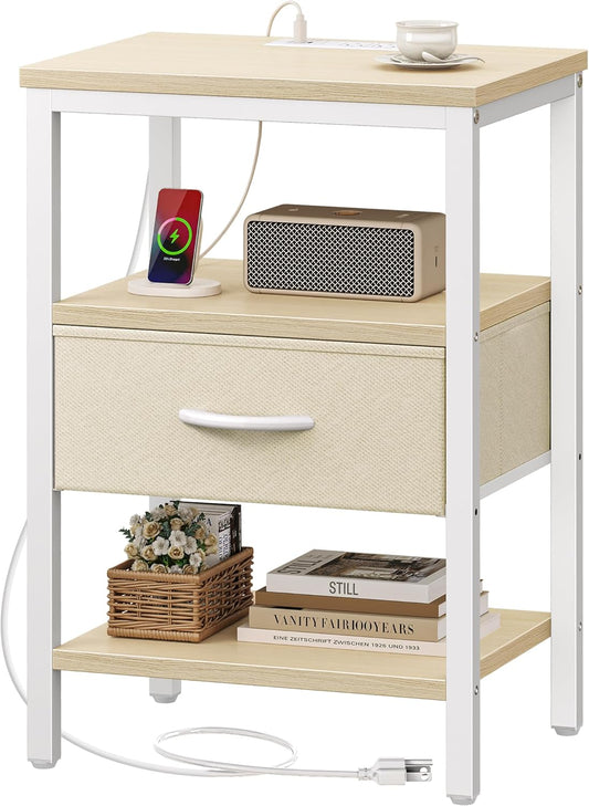 SUPERJARE Nightstand with Charging Station, Bed Side Table with Adjustable Fabric Drawer, Night Stand for Bedroom, 3-Tier Storage End Table, for Living Room, White Maple
