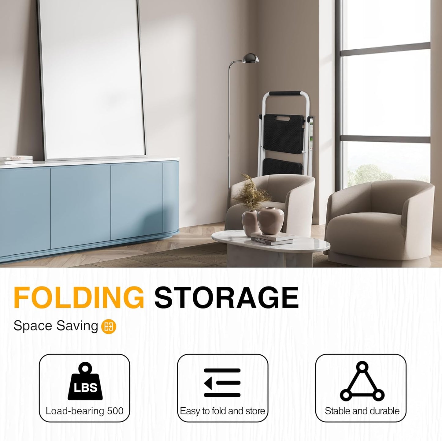 2 Step Ladder, Portable Steel Folding Step Stool with Wide Anti-Slip Pedal & Convenient Handgrip, 500lbs Sturdy Steel Ladder, White