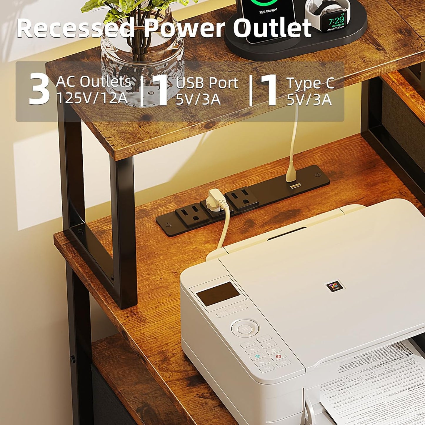 53" Computer Desk with 4 Drawers & Power Outlets, Reversible Home Office Desk with Monitor Stand & Printer Stand, Gaming Desks with Led Lights, Study Writing Work Desks Table for Bedroom, Vintage