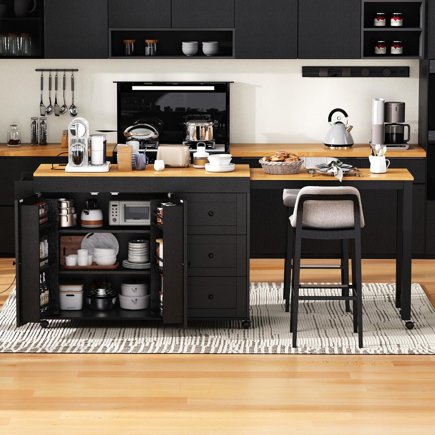 Ball & Cast 74.8" Kitchen Island with Extendable Dining Table,Kitchen Storage Cart W/Power Outlet and 3 Drawers,Rolling Kitchen Island on Wheels W/Spice Rack & 2 Door Cabinet,for Kitchen,Black