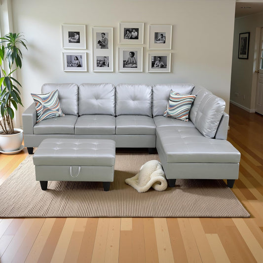 Couches for Living Room PU Leather L Shaped Couch Comfy 3 Pieces Sectional Sofa with Chaise, Ottoman with Storage for Office and Small Apartment, Silver