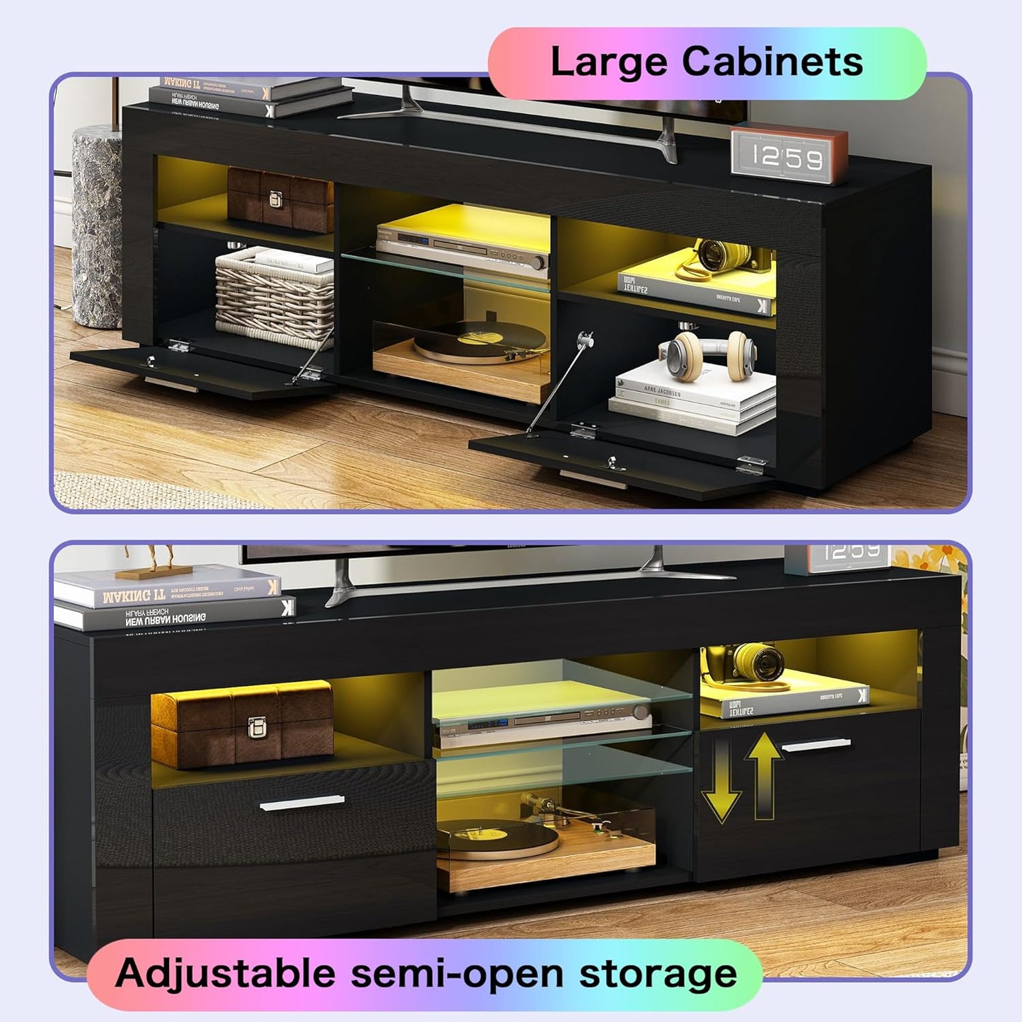 55" TV Stand for Living Room, High-Gloss Entertainment Center for 55 Inch TV, Spacious Storage Cabinet for Living Room & Bedroom (Black)