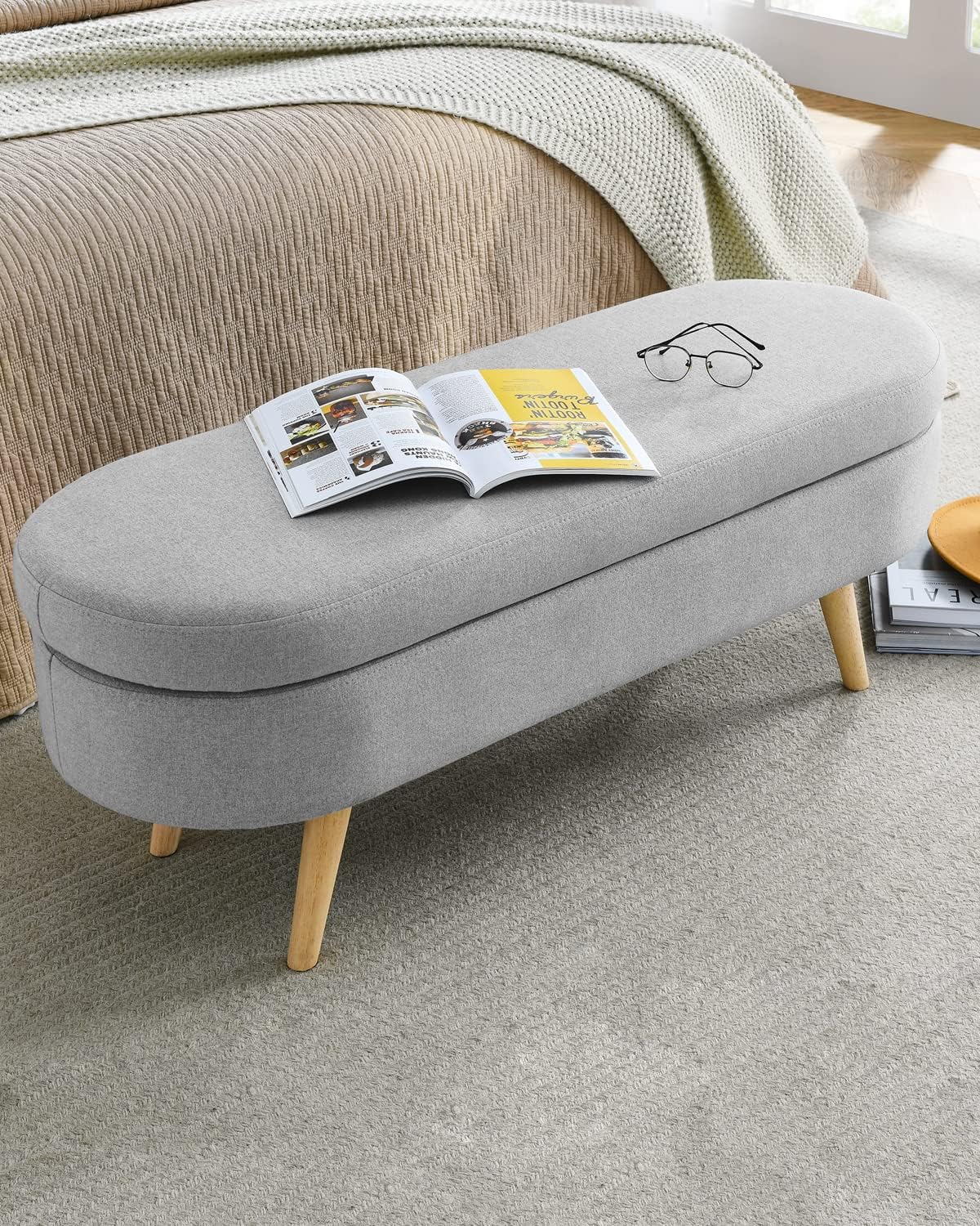 Oval Storage Bench 43.5" Linen Fabric Upholstered Entryway Bench with Solid Wood Legs Ottoman Bench Indoor Bench for Living Room/Bedroom/End of Bed/Entryway (Grey)
