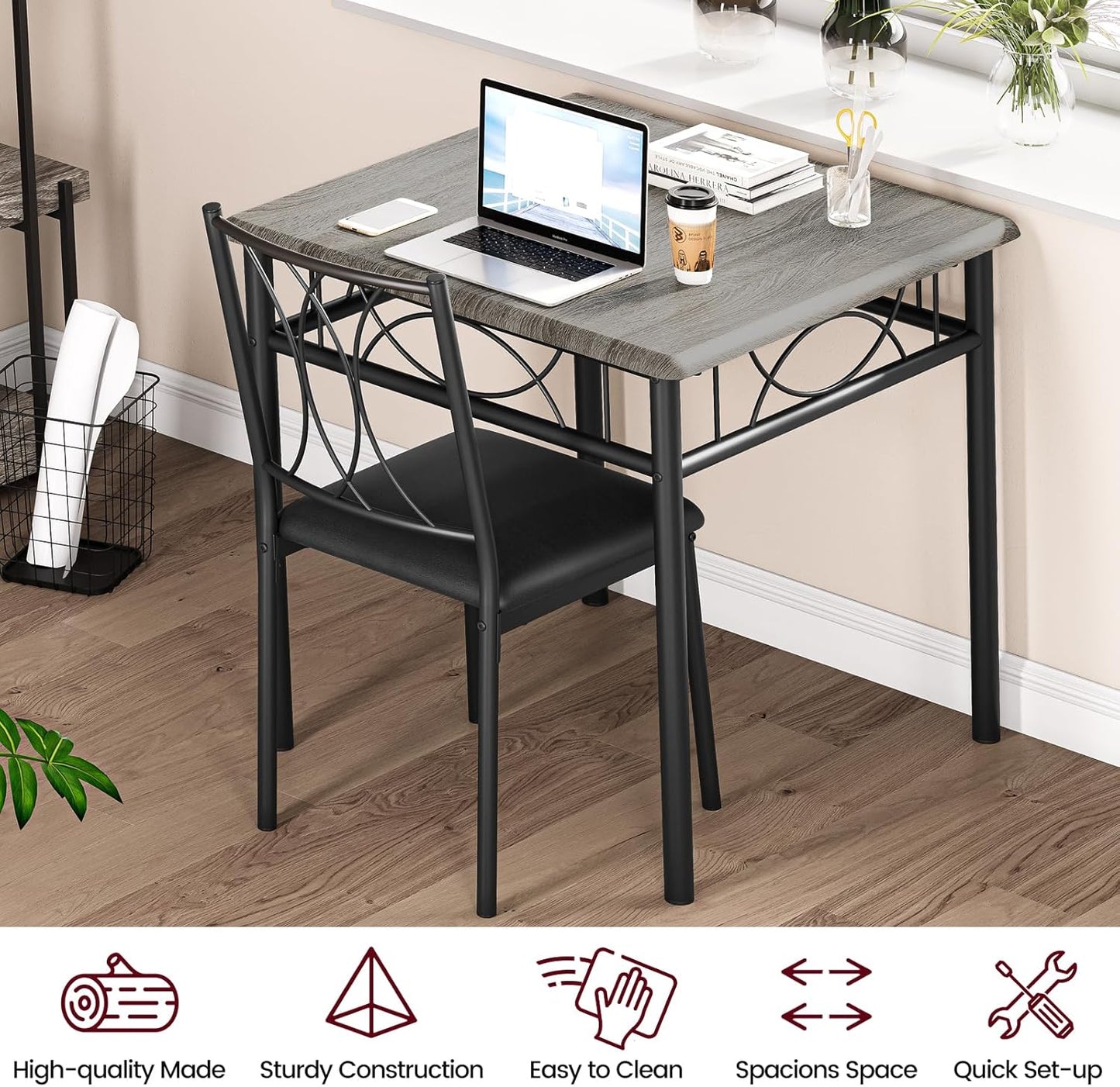 CABIHOME Dining Table Set for 2, 3 Piece Kitchen Table Set with 2 Upholstered Chairs, Square Kitchen Table Set for Small Space, Apartment, Dining Room, Retro Gray