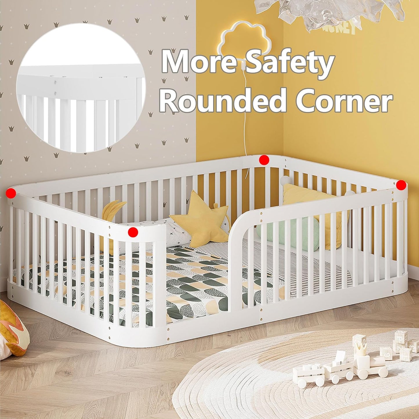 Full Floor Bed with High Fence and Rounded Corner Design, Montessori Floor Bed Frame with Guardrail and Entrance, Easy Assemble Montessori Bedd Full Size, White