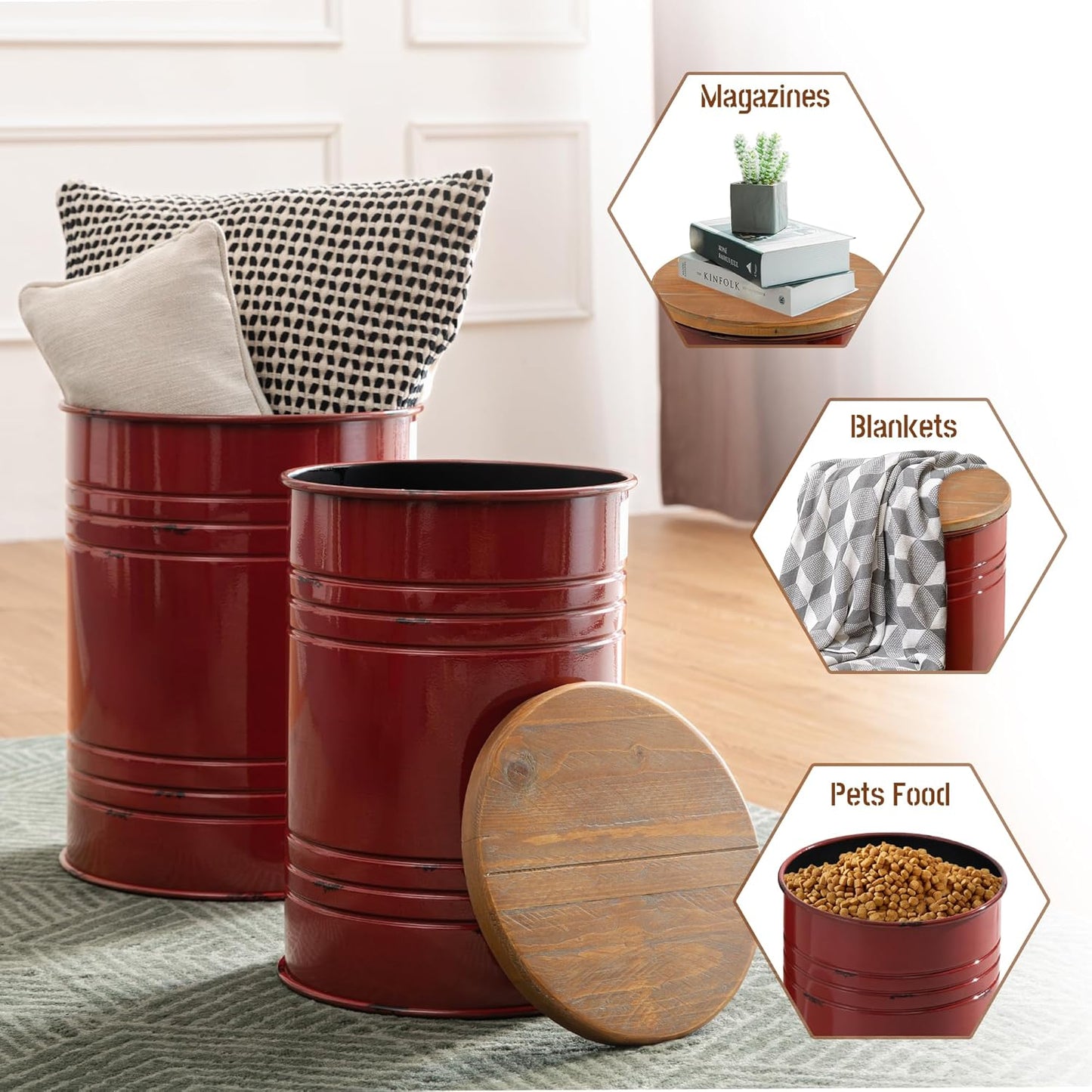 Glitzhome Farmhouse Accent Side Table, Metal Storage Stool Ottoman with Round Lid - Galvanized Coffee Cocktail End Tables Set of 2 for Living Room Bedroom, Red