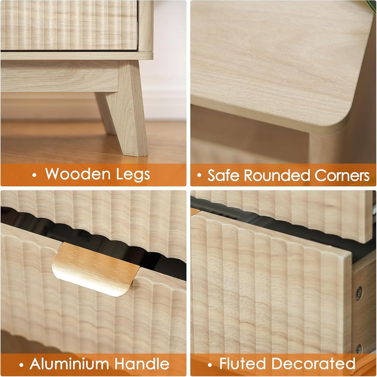 Fluted Nightstand with Charging Station, 19.7 inch Wide End Table with 2 Drawers, Modern Wood Bedside Table for Bedroom(Natural)