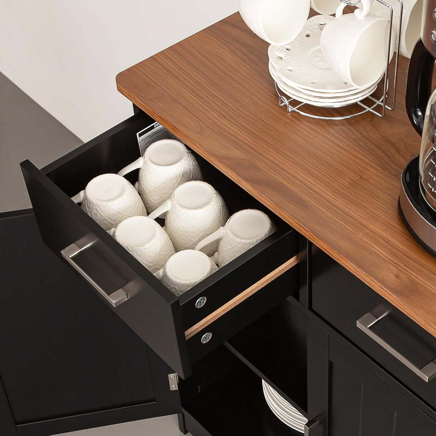 Buffet Cabinet with Storage, Coffee Bar Cabinet 26 x 30 Inches, Oak Top Sideboard Cabinet, Matte Black Finish, Anti-Fall Drawers, Arched Doors, Adjustable Shelves