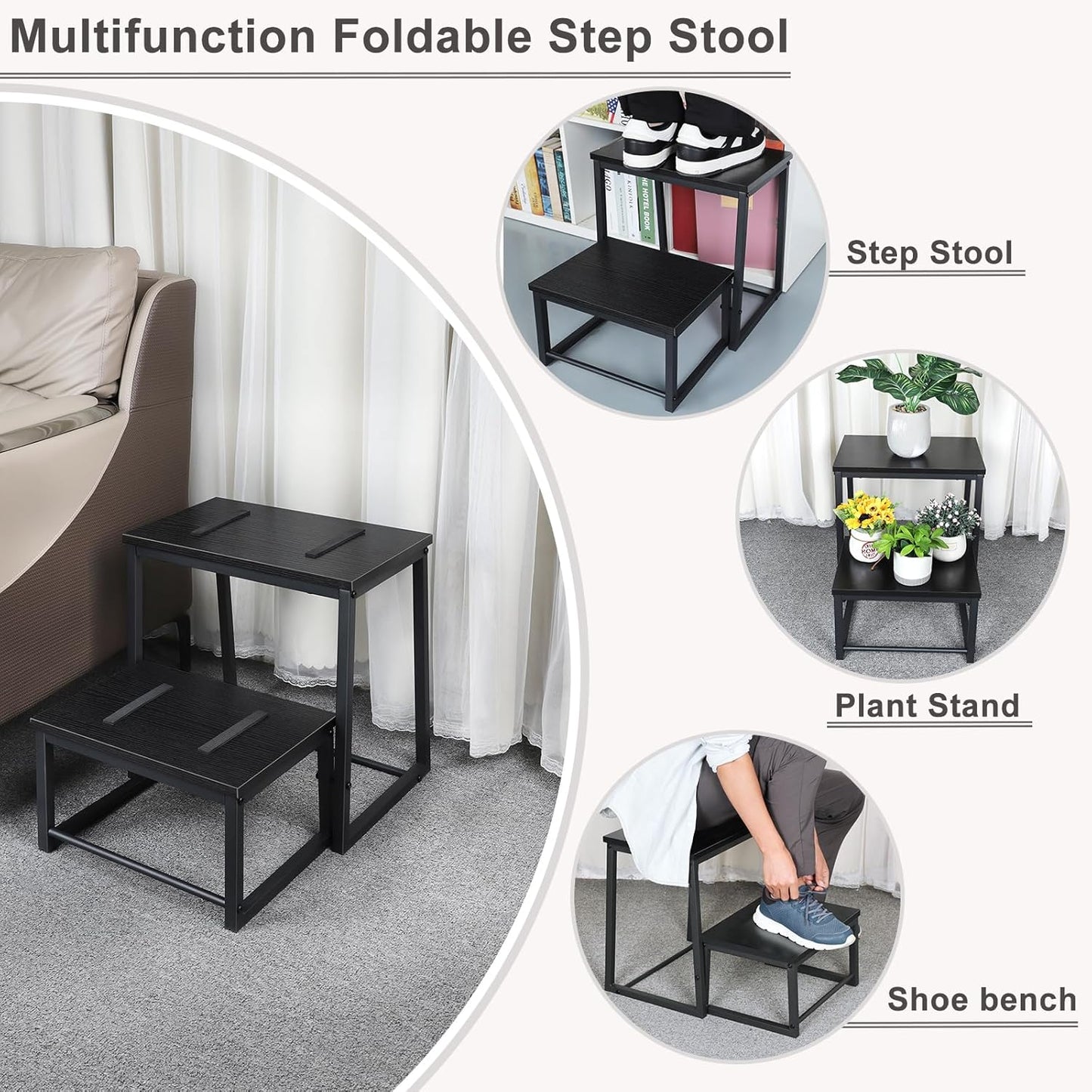 Vrisa Step Stool for Adults Wooden 2 Steps Footstool Heavy Duty RV Bedside Stepping Stool for High Beds with Metal Frame Hold Up 500LB Foot Stool for Kitchen Bathroom Bedroom, Black