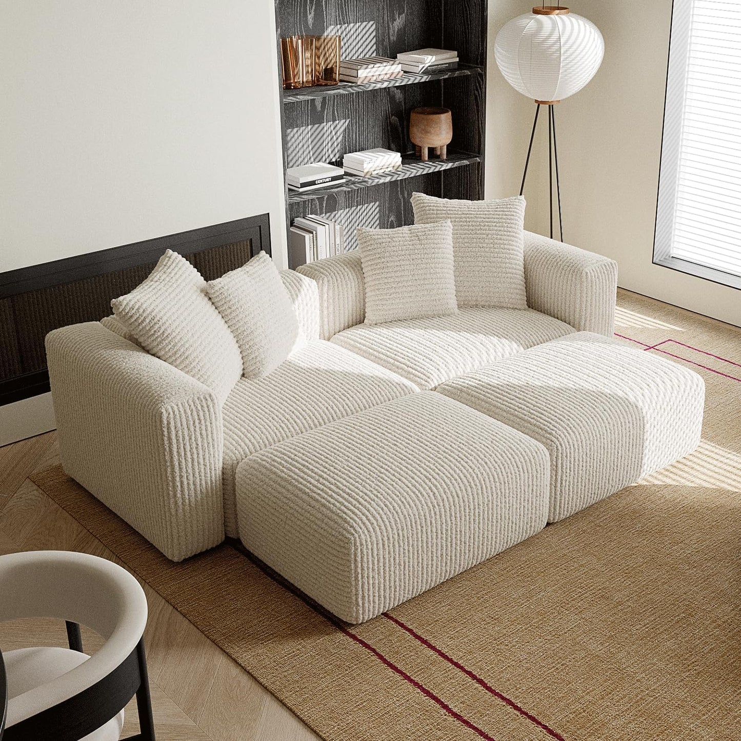 Acanva Corduroy Convertible Modular L Shaped Sectional Sofa, 4 Seater Free Combination Corner Couch, Convertible to DayBed, Wide Loveseat with Moveable Ottomans for Small Spaces, Sleeper Bed, White