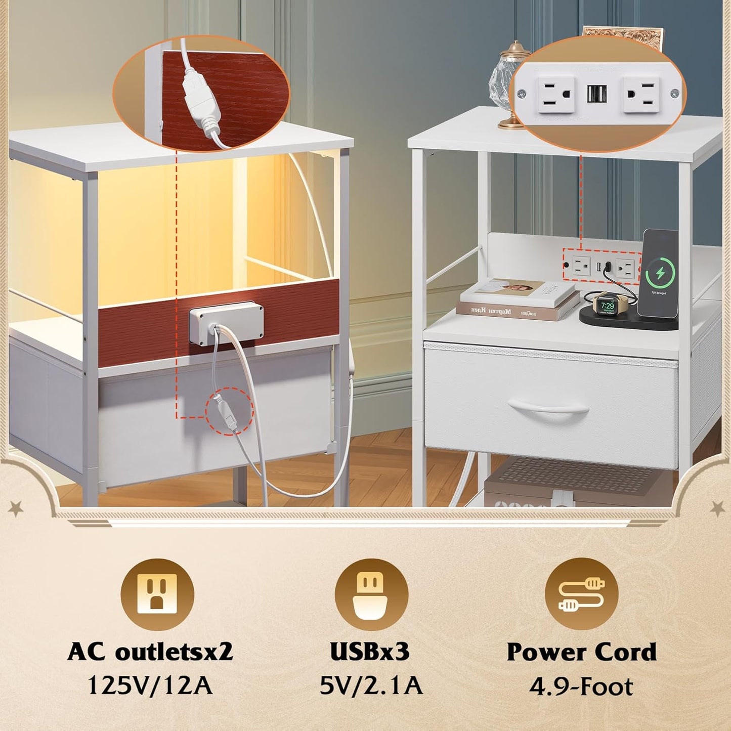 WLIVE White Night Stand with Charging Station, LED Nightstand with Adjustable Fabric Drawer, 3-Tier Storage Bedside Table, Small End Side Tables for Bedroom