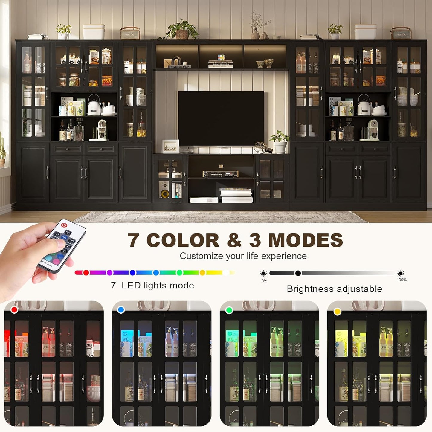 4-Piece Wall Unit TV Stand with Storage & LED Lights for TVs up to 75", Modern Entertainment Center with Bookshelves & 8-Door Pantry Cabinet, White Black