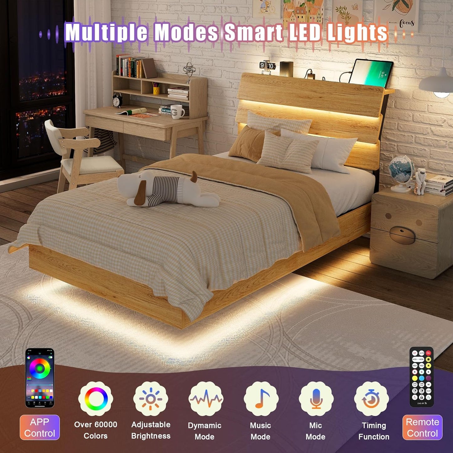 Feonase Floating Bed Frame Twin with Led Lights and Charging Station, Wood Full Size Bed Frame with Storage Headboard, Heavy Duty Metal Slats, No Box Spring Needed, Easy Assembly,Oak