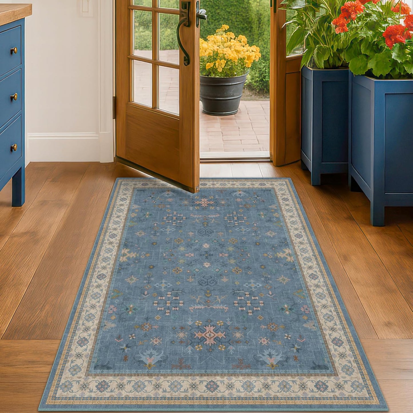 Washable Blue Rugs for Entryway Indoor - 3x5 Throw Rug for Large Kitchen, Bedroom Bedside, Laundry Room, Mudroom, Boho Eclectic Modern Décor, Non Slip Low Pile Fade Resistant