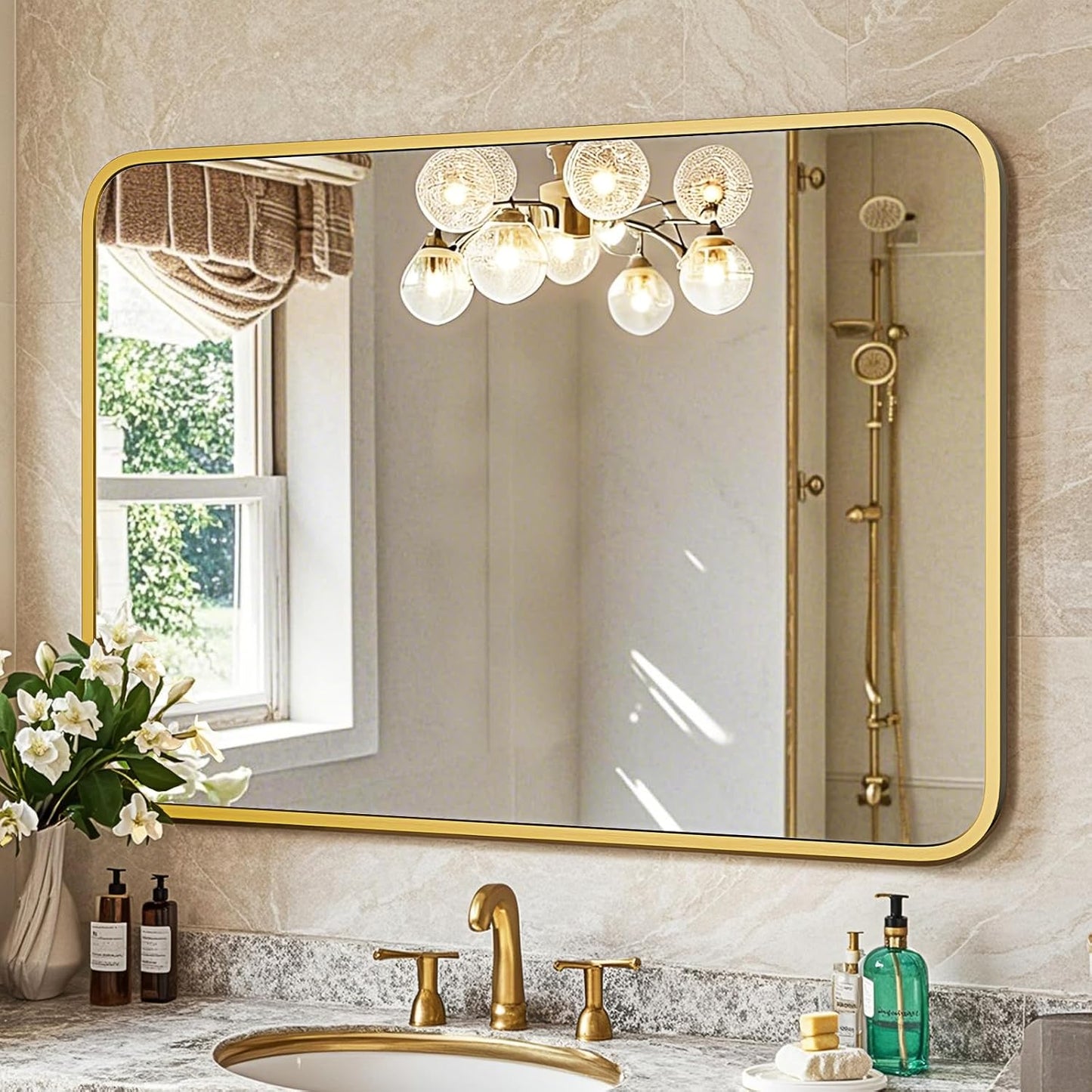 22"×30" Bathroom Mirror for Wall, Modern Bathroom Vanity Mirror, Gold Bathroom Mirrors for Over Sink with Metal Framed HD Tempered Glass Hangs Horizontally or Vertically