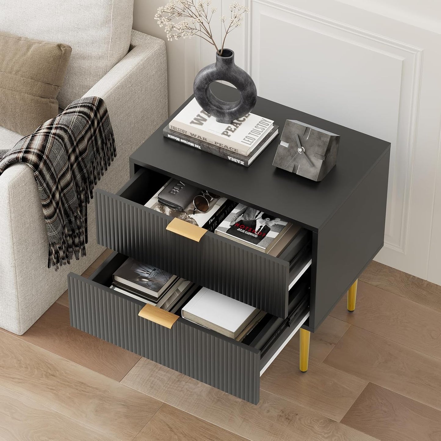 Set of 2 Nightstand, Black Mid Century Modern Night Stand with Fluted Panel, Bedside Table with 2 Drawer, Large NightStand with Gold Leg for Bedroom