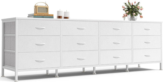 Huuger 70 Inch Dresser for Bedroom, TV Stand for 65, 75, 80 Inch TV, 12 Fabric Drawer Long Dresser, Large Storage Organizer Unit, Wide Chest of Drawer with Storage, for Living Room, White