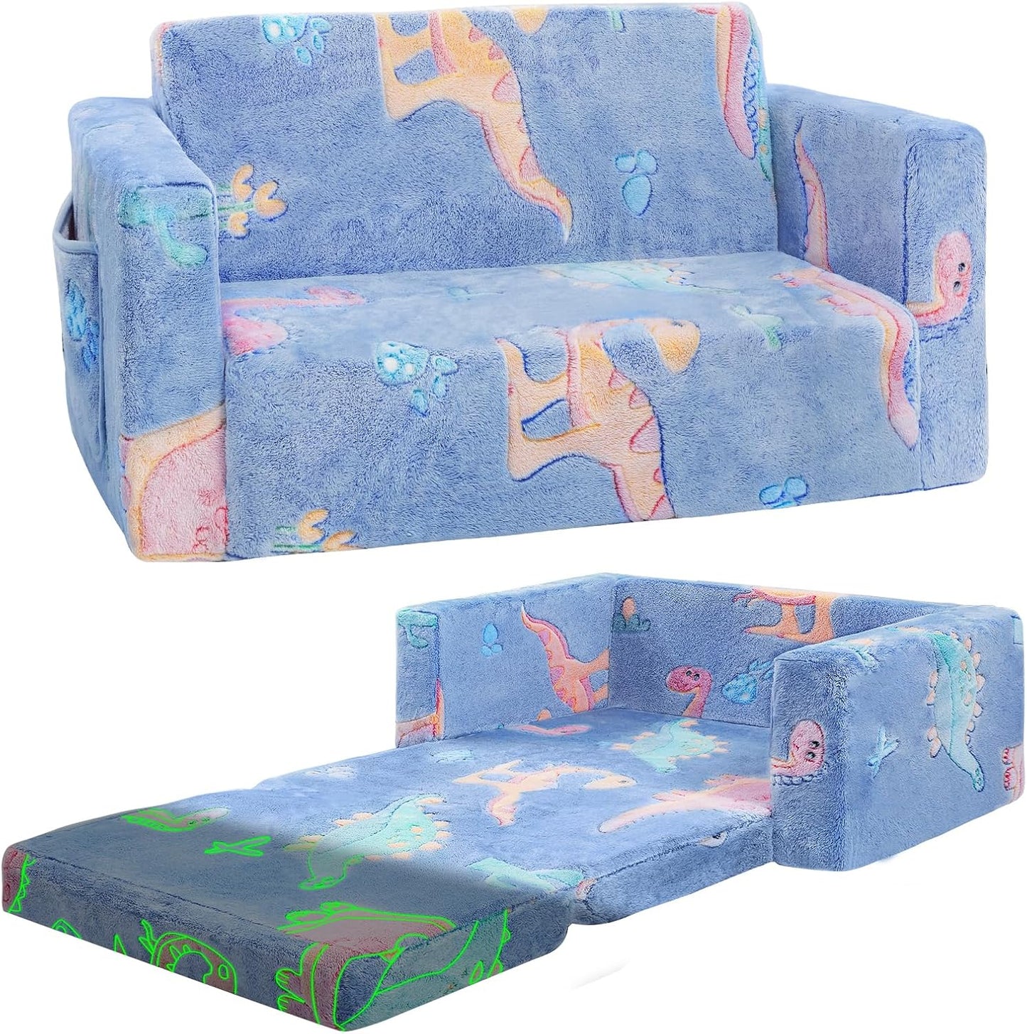 Toddler Couch,Toddler Chair,Extra Wider Seating,2-in-1 Baby Seat Furniture Fold Out, Convertible Sofa to Lounger Comfy Glow in The Dark Sofa Bed,Gifts for Kids Girl Boys,Dinosaur,Large
