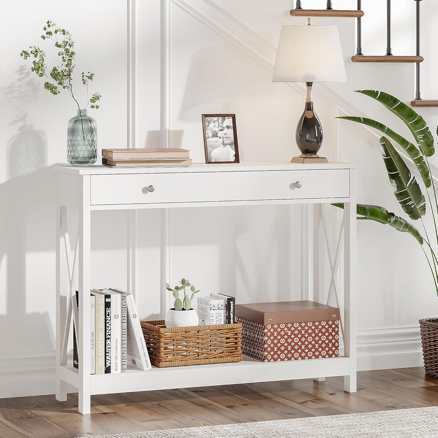Treocho White Console Table with Drawer and Storage Shelves, Foyer Sofa Table Narrow for Entryway, Living Room, Hallway