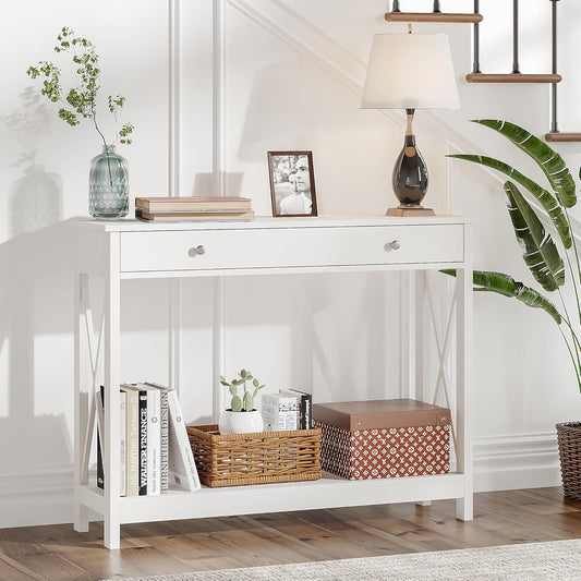 Treocho White Console Table with Drawer and Storage Shelves, Foyer Sofa Table Narrow for Entryway, Living Room, Hallway