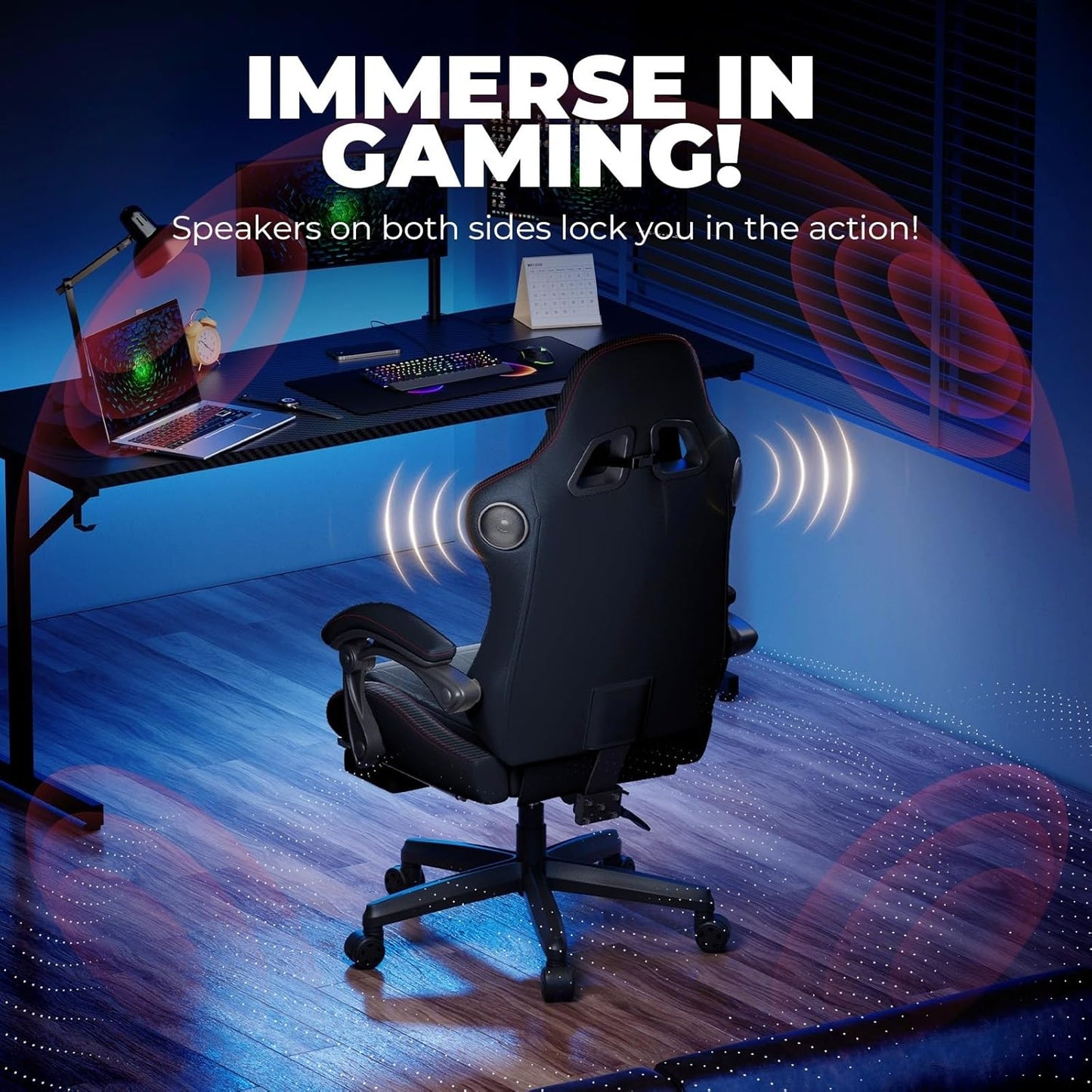 GTPLAYER ACE-PRO Music Gaming Chairs – Built-in Speakers, App Support & Bluetooth Control, Footrest & Pocket, Gamer Chair for Adults, Black & Red Stitch