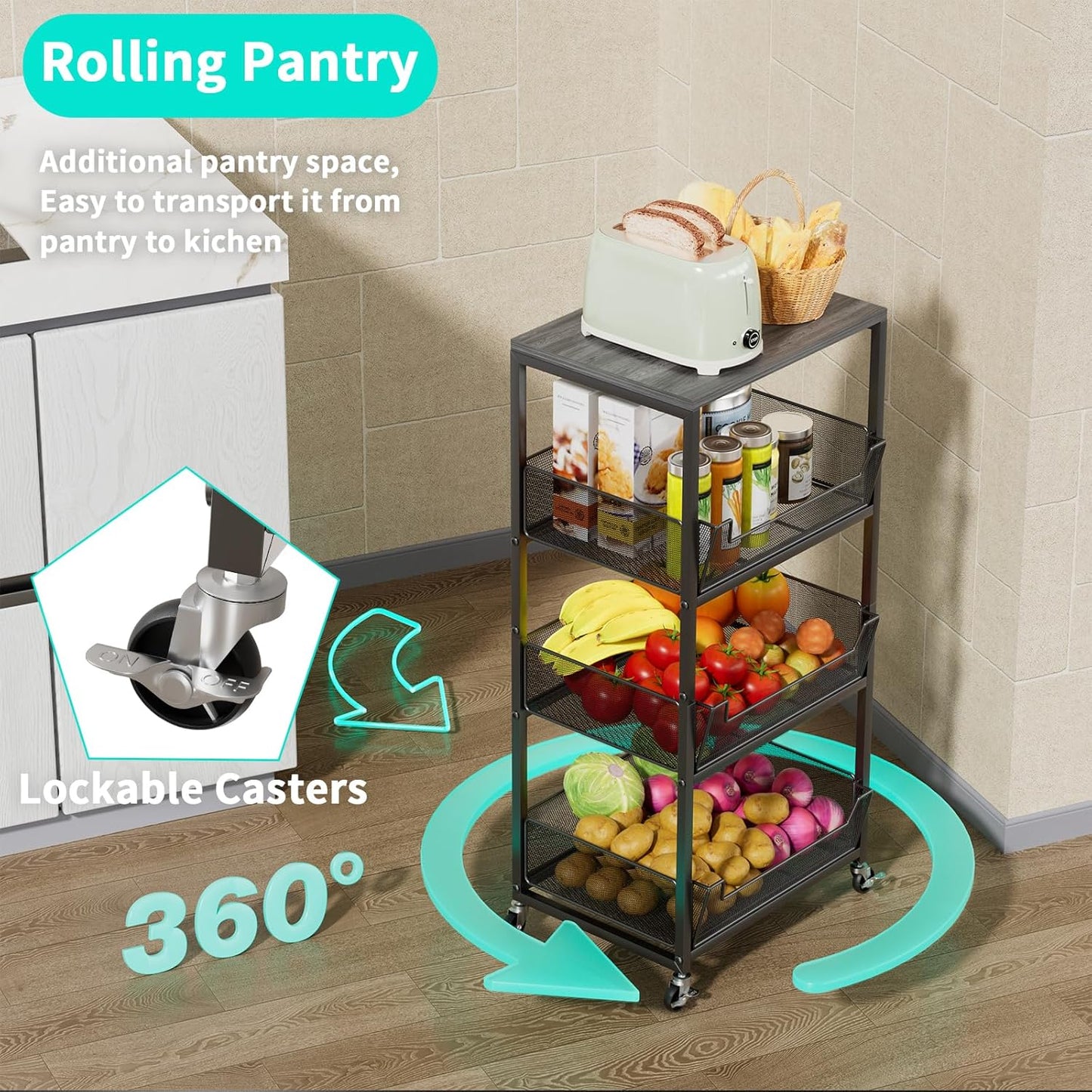 HapiRm Fruit Basket Kitchen Cart - 4-Tier Rolling Storage Cart with Wheels, Fruit Vegetable Basket with Wood Top, Pantry Utility Kitchen Organizer for Fruit Potato Onion Vegetable Bread Snack