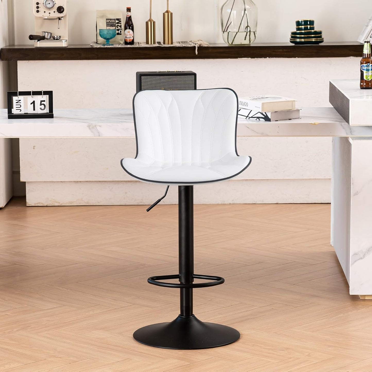 YOUNIKE Single White Bar Stools Modern Swivel Counter Height Bar Chair with Back Adjustable Kitchen Island Faux Leather Padded Barstools taburetes de bar Breakfast sillas para barra de cocina 1PCS