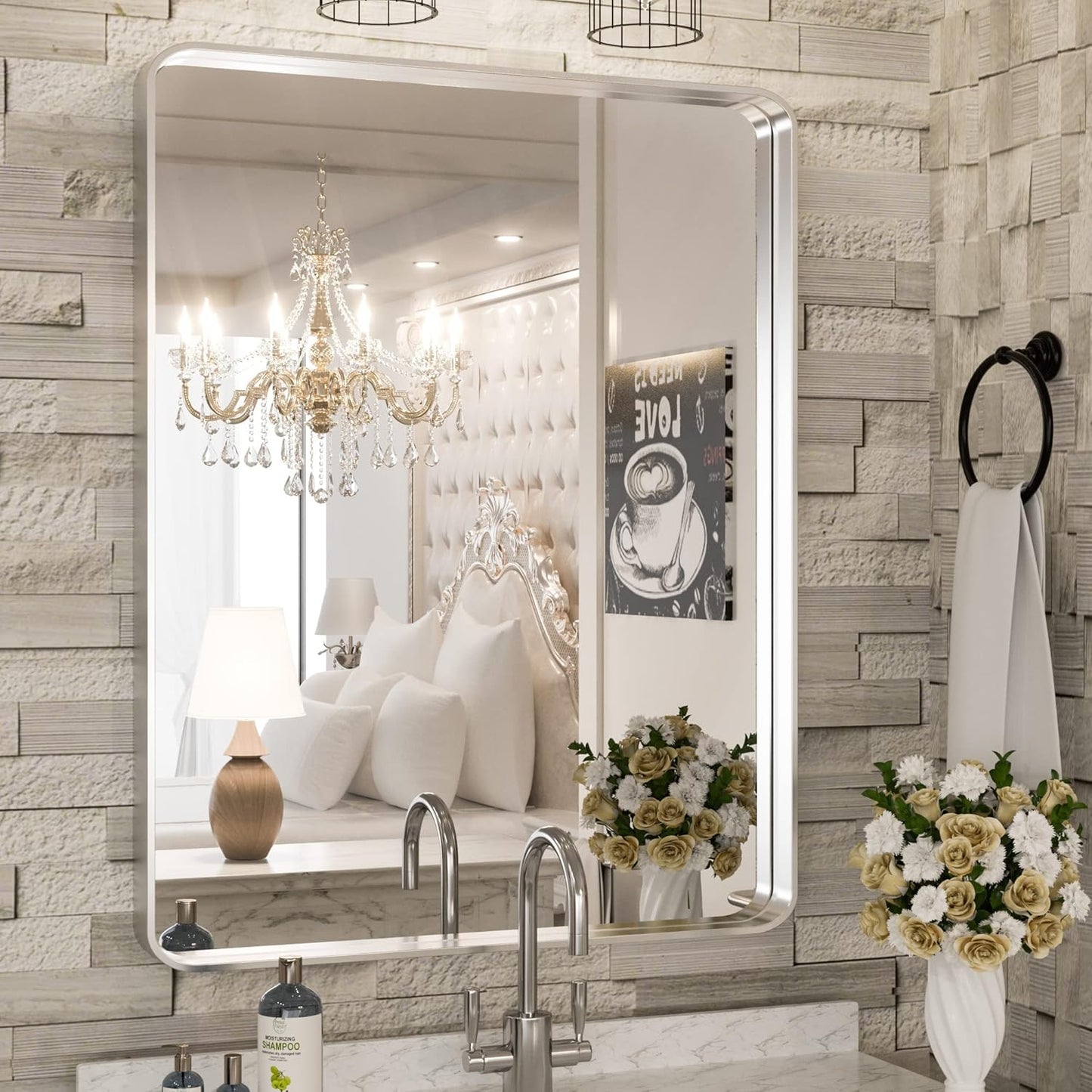 TokeShimi 24 x 32 Inch Brushed Silver Bathroom Mirror for Wall Brushed Brass Metal Rounded Corner Rectangle Mirror Metal Frame Deep Set Design Hangs Horizontal Or Vertical