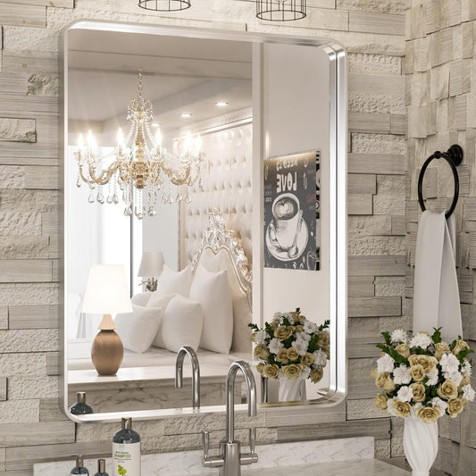 TokeShimi 24 x 32 Inch Brushed Silver Bathroom Mirror for Wall Brushed Brass Metal Rounded Corner Rectangle Mirror Metal Frame Deep Set Design Hangs Horizontal Or Vertical