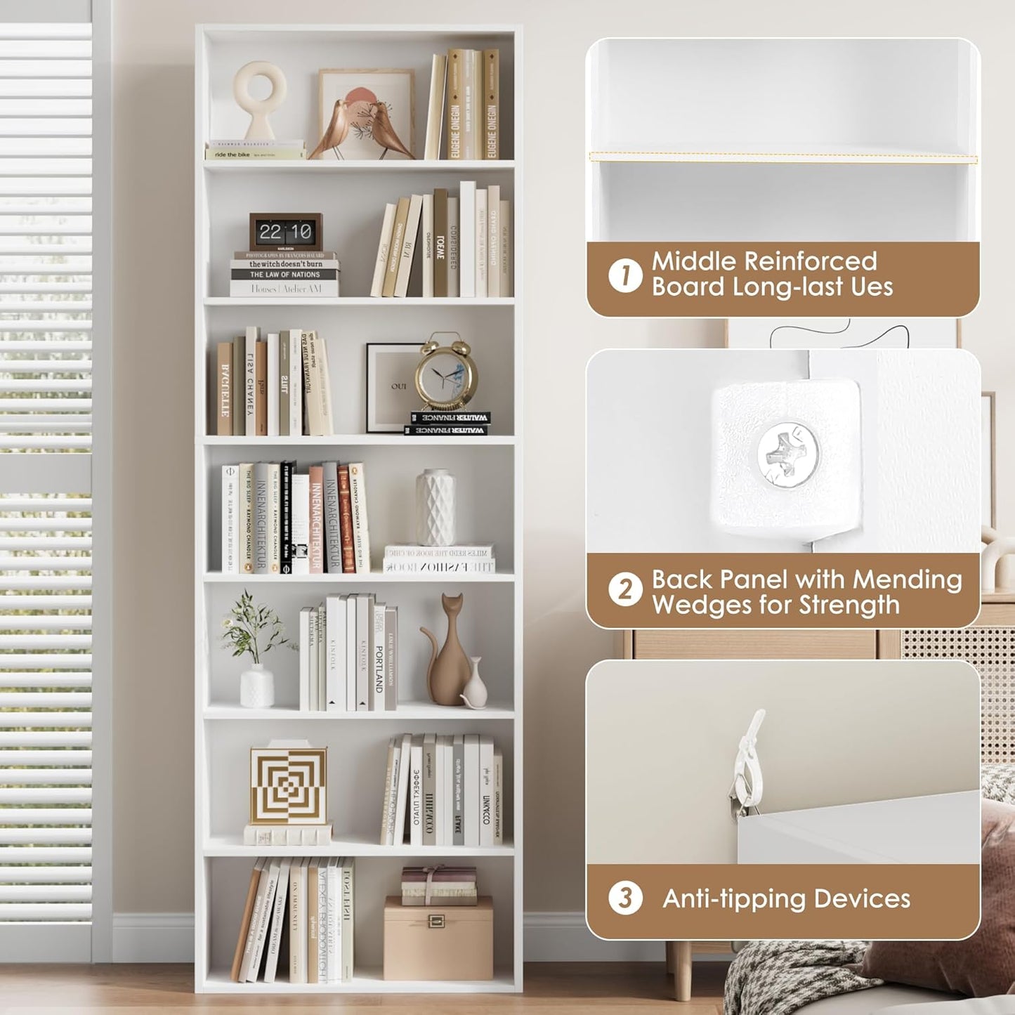 82" Tall Bookshelf, 7-Tier Open Shelves Bookcase, Freestanding Display Storage Shelves, Tall Bookcase Home Decor Furniture for Home Office, Living Room, Bedroom, White