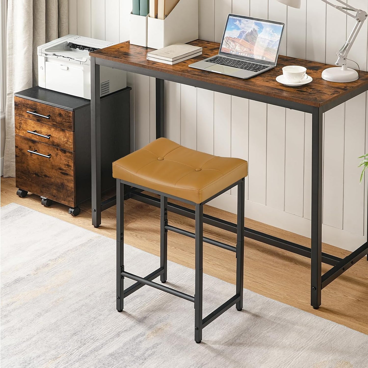 HOOBRO Bar Stools,25.4" Saddle Stools with PU Upholstery, Counter Height Stools with Footrest, Kitchen Breakfast Chairs, for Dining Room, Cafe, Bar, Brown and Black CB23BY01